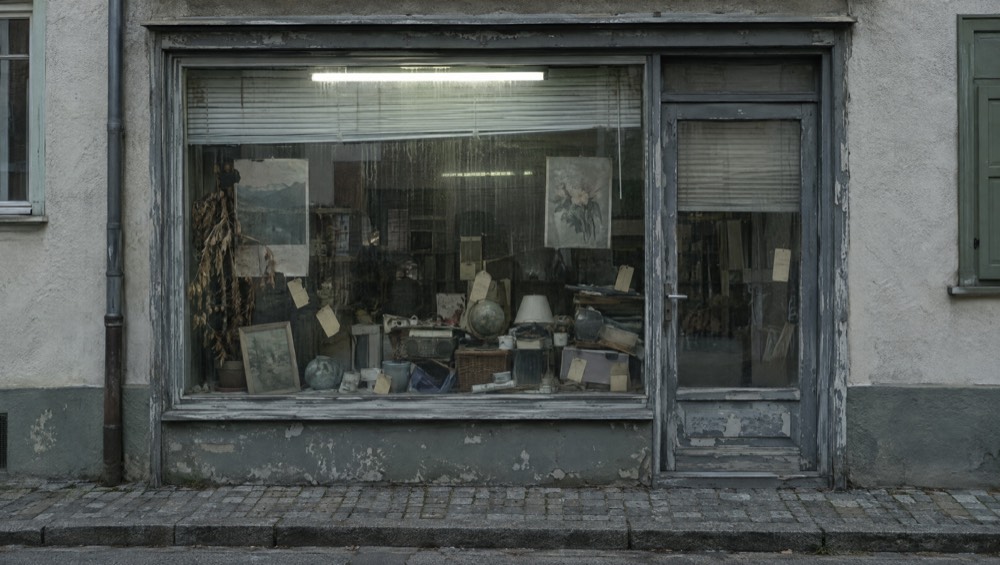 Verstaubtes, vollgestelltes Schaufenster mit heruntergelassenen Jalousien.