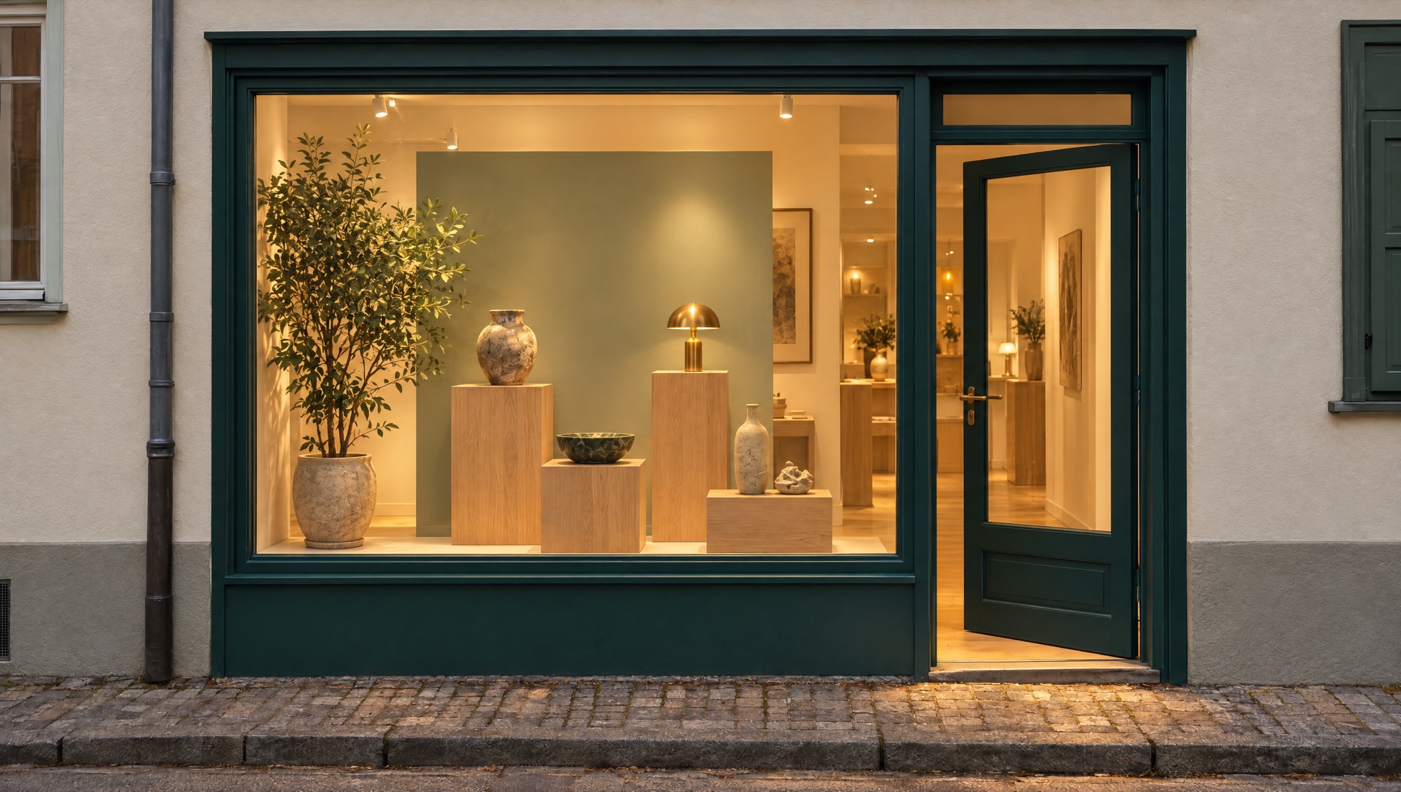 Einladendes, warm beleuchtetes Schaufenster mit offener Tür.